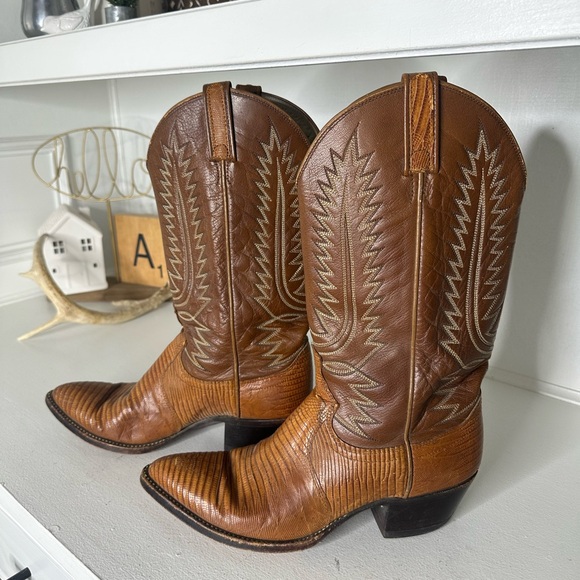 Vintage Dan Post Women’s Flare Cowboy Boots Size 8 – Genuine Lizard & Leather - Picture 1 of 10
